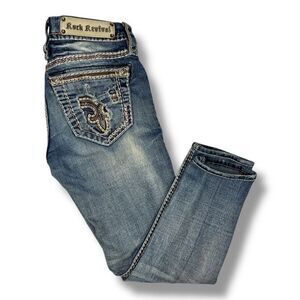 Rock Revival Y2K Sun Cropped Distressed Skinny Low Rise Jeans Size 26 Thick Stit